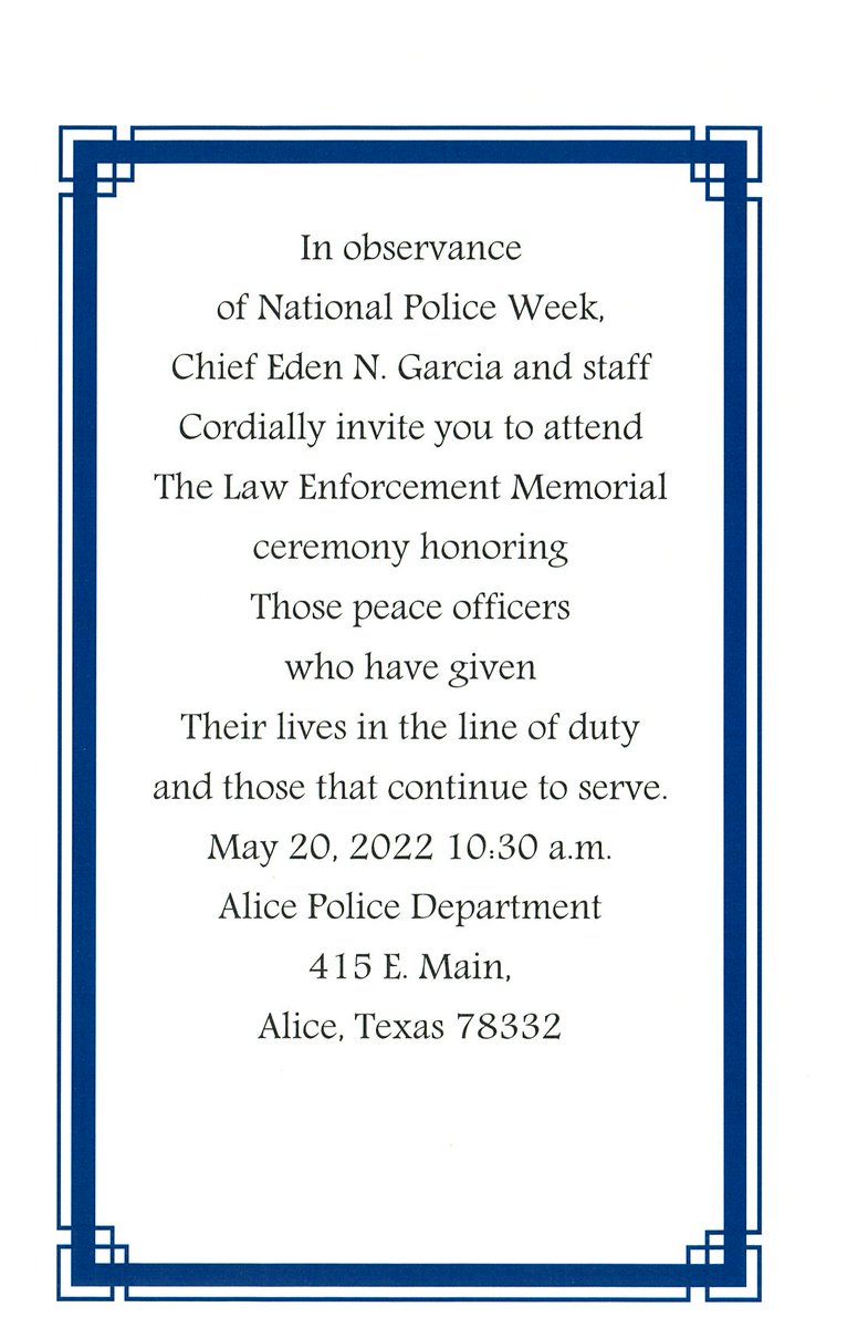 Please join us Friday, May 20, 2022 at 10:30 a.m. in honoring those peace officers who have given their lives in the line of duty and those that continue to serve.