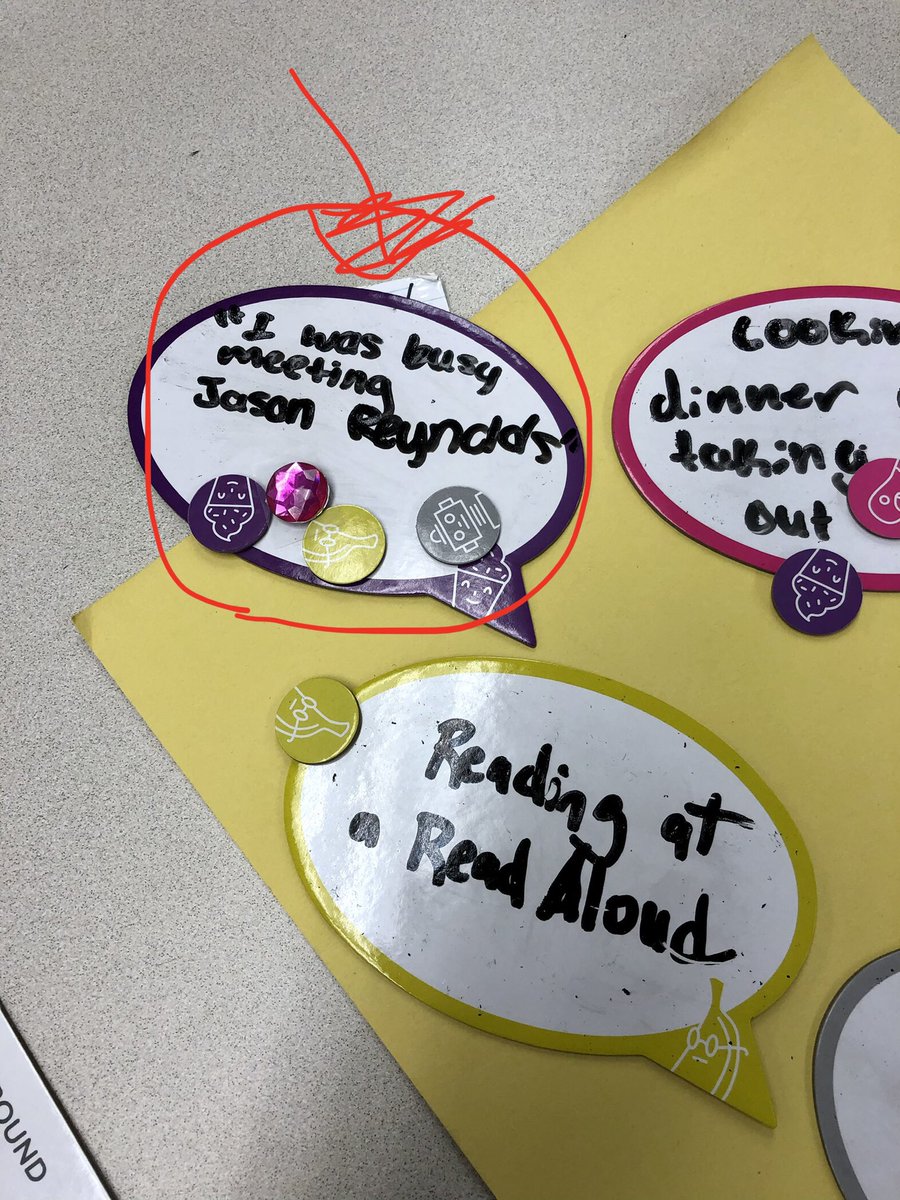 khrspecial's tweet photo. Playing Say Anything with my students today…the prompt was “I’m late. Why?” Red circle is THE best response.😂😂 @JasonReynolds83 @AshleyFalkosRS @GMSS304Library https://t.co/kPE2kYRjFv