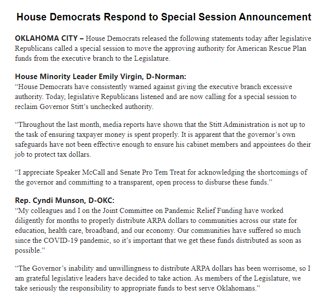 tcblume's tweet image. INBOX: Dems react to Special Session:  “House Democrats have consistently warned against giving the executive branch excessive authority. Today, legislative Republicans listened and are now calling for a special session to reclaim Governor Stitt’s unchecked authority."
