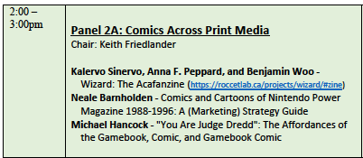ComicsBD's tweet photo. Panel 2A: Comics Across Print Media will feature @kalervideo, @peppard_anna, @geek_worlds, @nealpolitan and @PersonofCon! Also, you can check out the Acafanzine here: 
https://t.co/K1g18Yn0oU
#CSSCSCEBD #Congressh 
Schedule: https://t.co/7XbL3vytHp https://t.co/pONKv8i77v