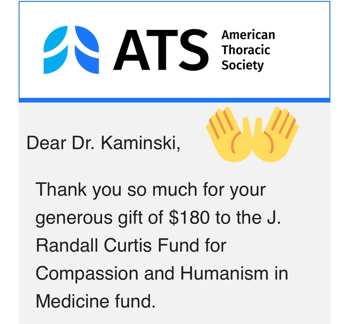 Naftali Kaminski (@kaminskimed) on Twitter photo Leaving #ATS2022, I took a minute to make my first donation to the J. Randall Curtis Fund for Compassion & Humanism in Medicine fund.
I cannot think of a better cause & a better person to embody this cause than <a href="/JRandallCurtis1/">J Randall Curtis</a>. Please join me research.thoracic.org/donate/index.p… Leaving #ATS2022, I took a minute to make my first donation to the J. Randall Curtis Fund for Compassion & Humanism in Medicine fund.
I cannot think of a better cause & a better person to embody this cause than <a href="/JRandallCurtis1/">J Randall Curtis</a>. Please join me research.thoracic.org/donate/index.p…