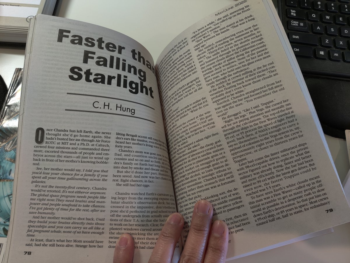 CHHungWrites's tweet photo. I took these pics a month ago, when I was too sick with COVID to go anywhere, much less a bookstore. So I was deliriously happy (or maybe it was the fever dreams 😅) to receive my contributor copies of the May/June 2022 edition of @Analog_SF , where I have a story pubbed! https://t.co/T1q7fg3OAA