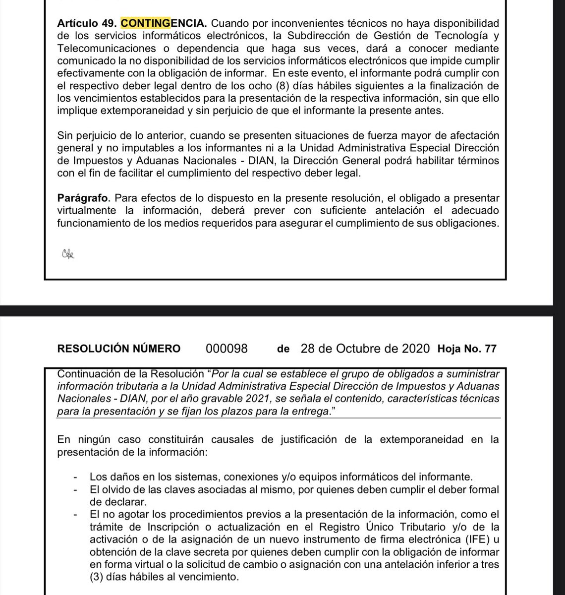 yhonylee's tweet photo. A diferencia con los problemas en la plataforma al presentar declaraciones, cuando estamos frente a la Exogena me parece que la resolución prevé necesariamente la declaración de contingencia como requisito para presentar la información por fuera del término. Por eso es importante https://t.co/Az07J2BMN2