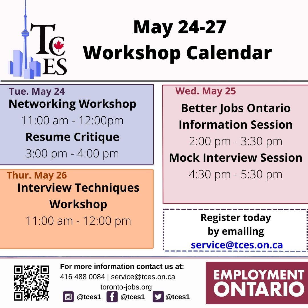 TCES1's tweet image. Join TCES this week in upcoming workshops!

Register today at service@tces.on.ca

#tces #toronto #torontojobs #employment #torontoemployment #yongeandeglinton #findjobs #employmentontario #midtowntoronto #northyork #torontojobsearch #jobsearch #mockinterview #resumecritique