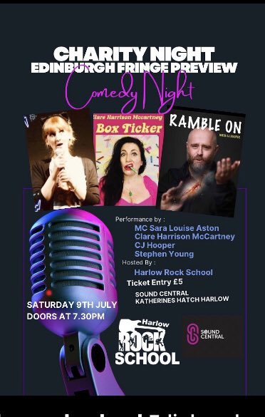 OfficialClareH1's tweet photo. Comedy night in #harlow we are previewing our Edinburgh shows @comedyloulou @CJHooperman #saralouiseaston #cjhooper #clareharrisonmccartney @stephenyoung #stephenyoung @ROCKSCHOOLx @musicbox @yourharlow tickets here https://t.co/35XaDkVxwV https://t.co/jbaVuA5aev