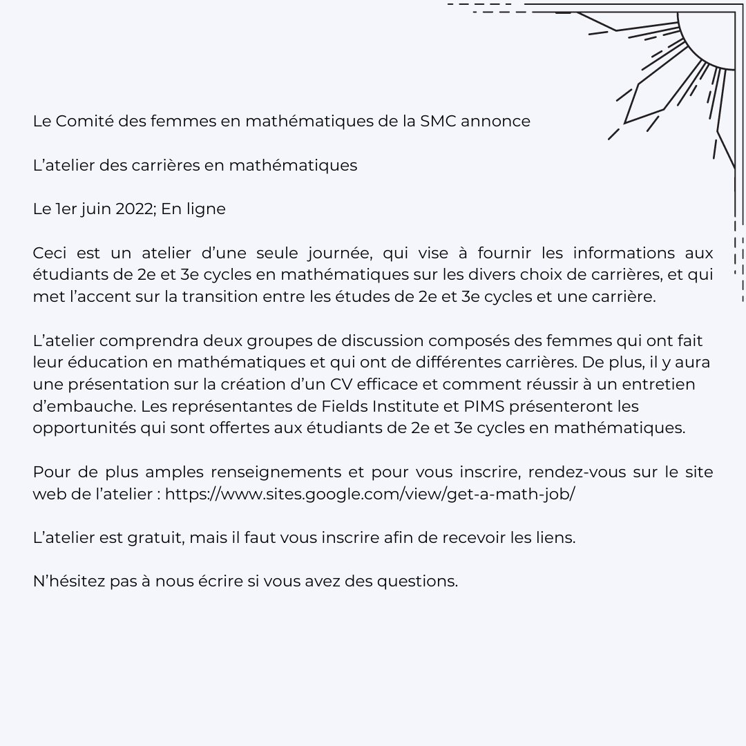 canmathsociety's tweet photo. June 1: An all-day workshop planned by our Women in Math Committee that is online and free!

1er juin: Un atelier d'une journée qui est organisé par notre Comité pour les femmes en maths et qui sera en ligne ainsi que gratuit!

https://t.co/5N1nxcGQqS

#womeninmath #careersinmath https://t.co/LCNMtoNWrx