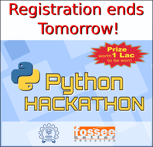 FOSSEE's tweet photo. Only 1 day remaining to register for the #Python #Hackathon. 
Register before the deadline. Visit https://t.co/tK4S6kRJb9 to register and start building games using #PyGame, #PyMunk. 
#floss #opensource #AI #ML #DataScience #DataAnalytics @prabhu_r @ThePSF @realpython @prabhu_r https://t.co/sv6Vq7XaRR