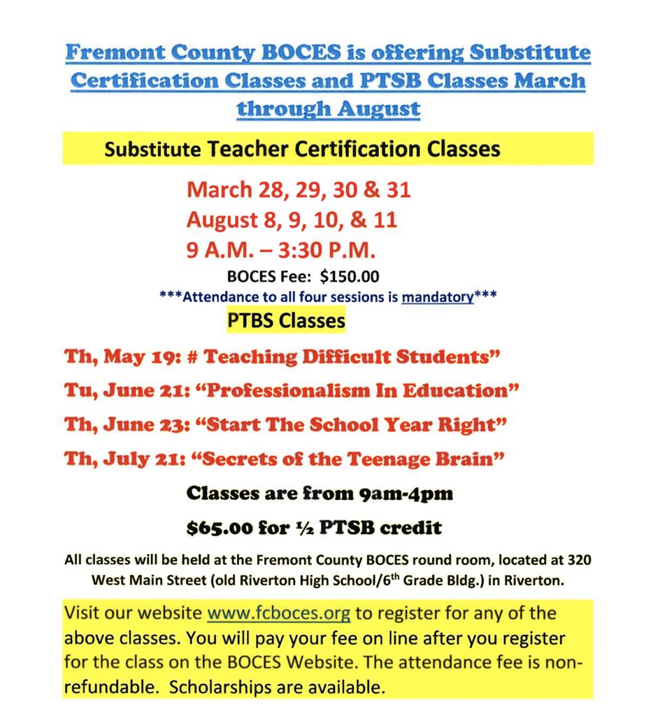We are hiring substitutes! 
For classroom substitute classes see the attached flyer from Fremont County Boces for summer classes. 
For all other departments, complete the application here: applitrack.com/fremont24/onli…