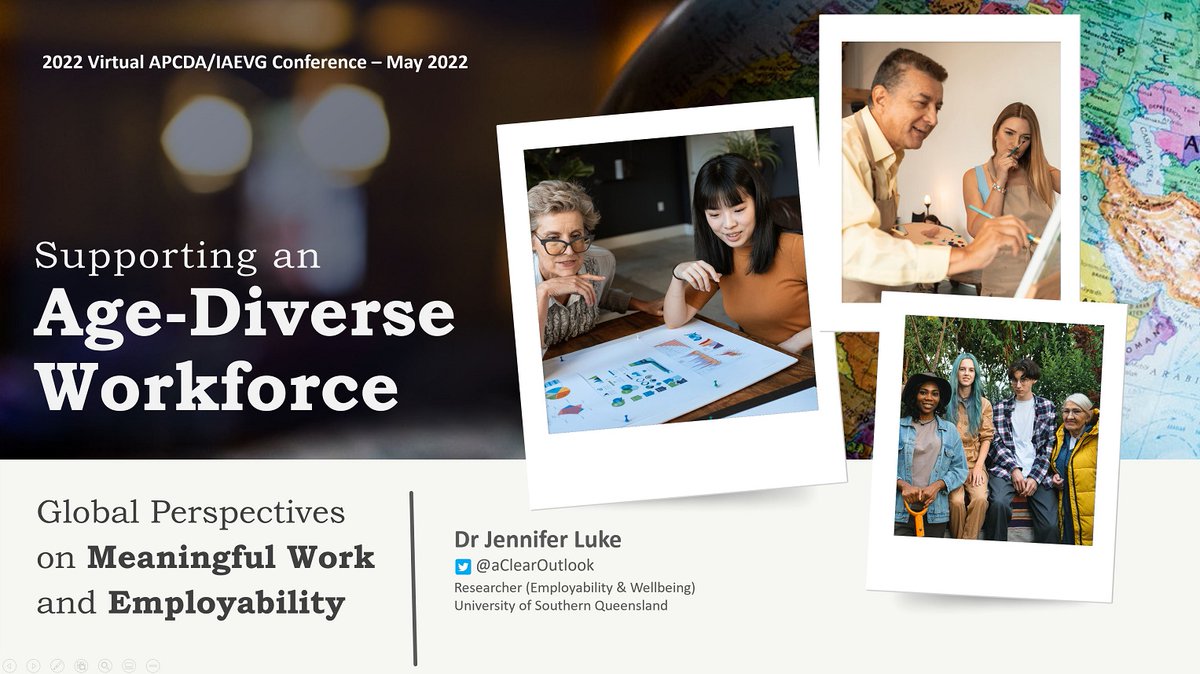 aClearOutlook's tweet photo. Enjoying opportunity to attend online @iaevg / #APCDA 2022 conference this week.
Late this Friday (6pm AEST) I'll be presenting "Supporting an Age-Diverse #Workforce: Global Perspectives on #MeaningfulWork & #Employability".
Wellbeing & Employment - work together. All ages. https://t.co/j4cvruQWRo