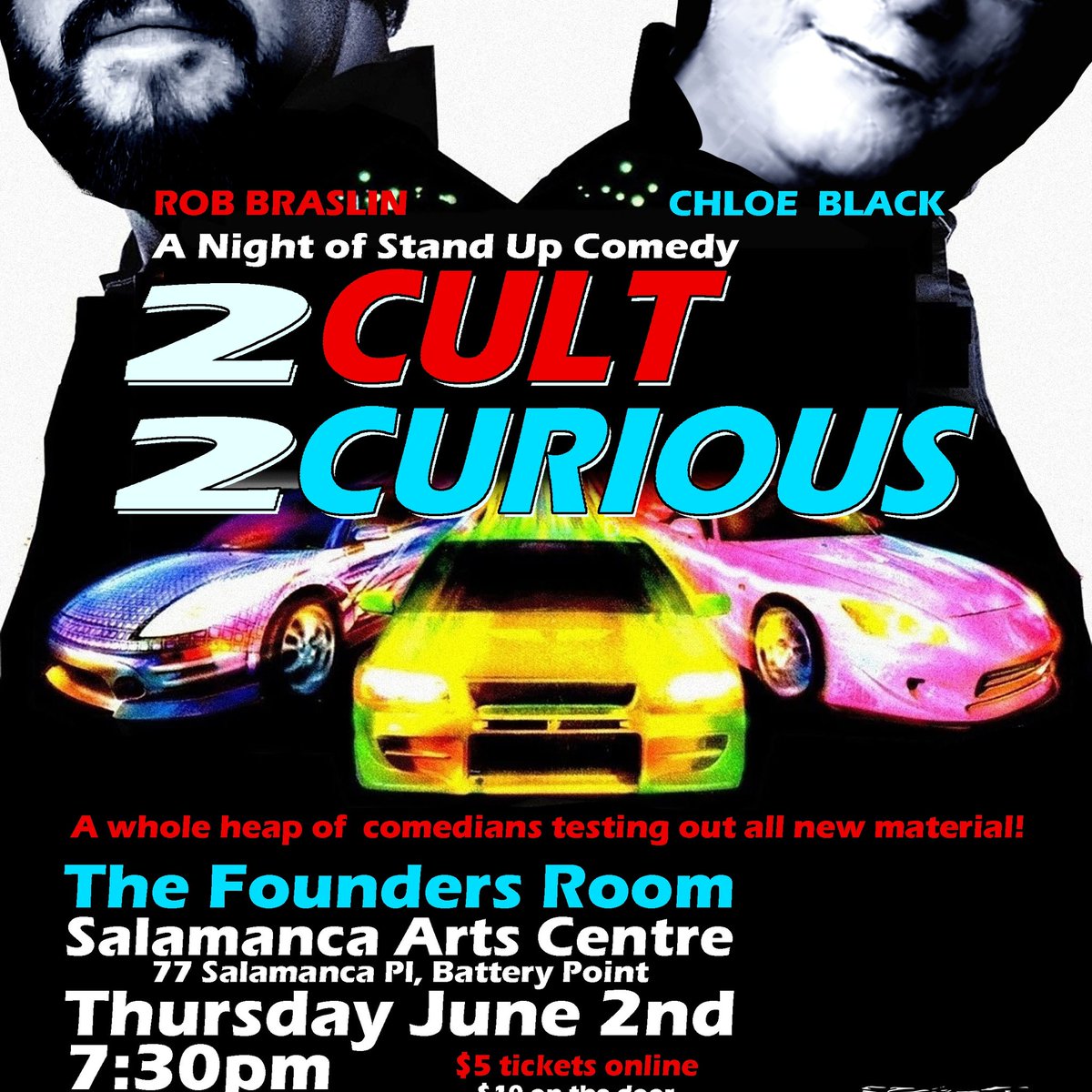 Cult comedy is back for 
2CULT 
2CURIOUS
 We are teaming up with <a href="/evilchloeblack/">Chloe Black</a> and the Salamanca Arts Centre <a href="/salarts/">SalamancaArtsCentre</a> to put new jokes back on the streets!

Get your tickets here for only $5 events.humanitix.com/2-cult-2-curio…