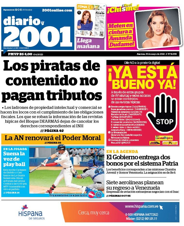 ¡Salud y felicidad para todos!
Esta es nuestra #portada de #hoy #jueves #19mayo en la edición impresa de 2001. Busca tu ejemplar en toda la Gran Caracas. ¡Siempre contigo! Amplía estas y otras noticias en nuestra página web: 2001online.com