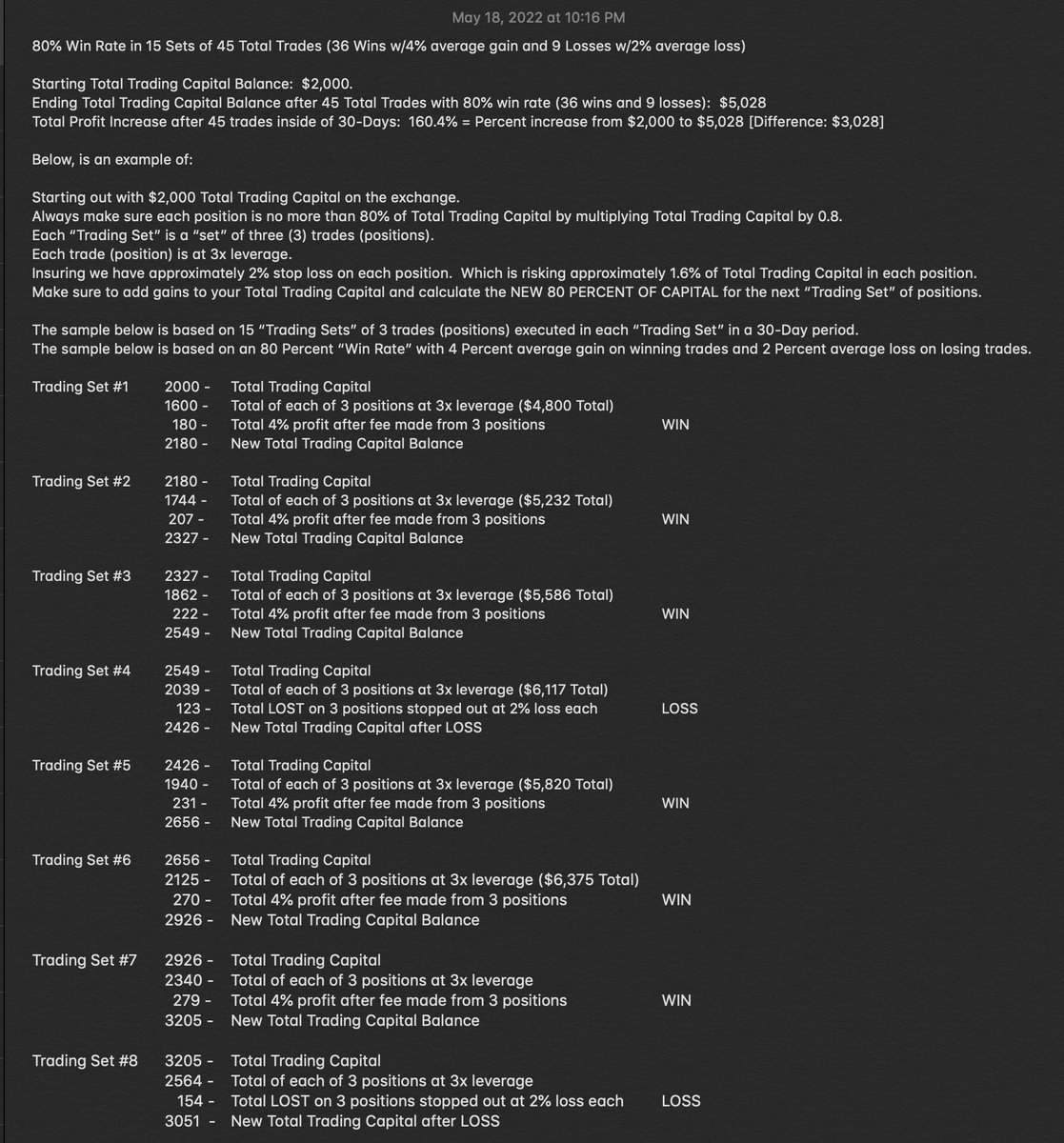 ModeWyckoff's tweet photo. Starting Trading Capital Balance:  $2,000.

Ending Trading Capital Balance after 45 Total Trades with 80% Win Rate (36 wins and 9 losses):  $5,028

Total Profit Increase after 45 trades inside of 30-Days:  160.4% percent increase from $2,000 to $5,028.
4% avg. WIN &amp; 2% avg. LOSS https://t.co/7GnPi5Bypc