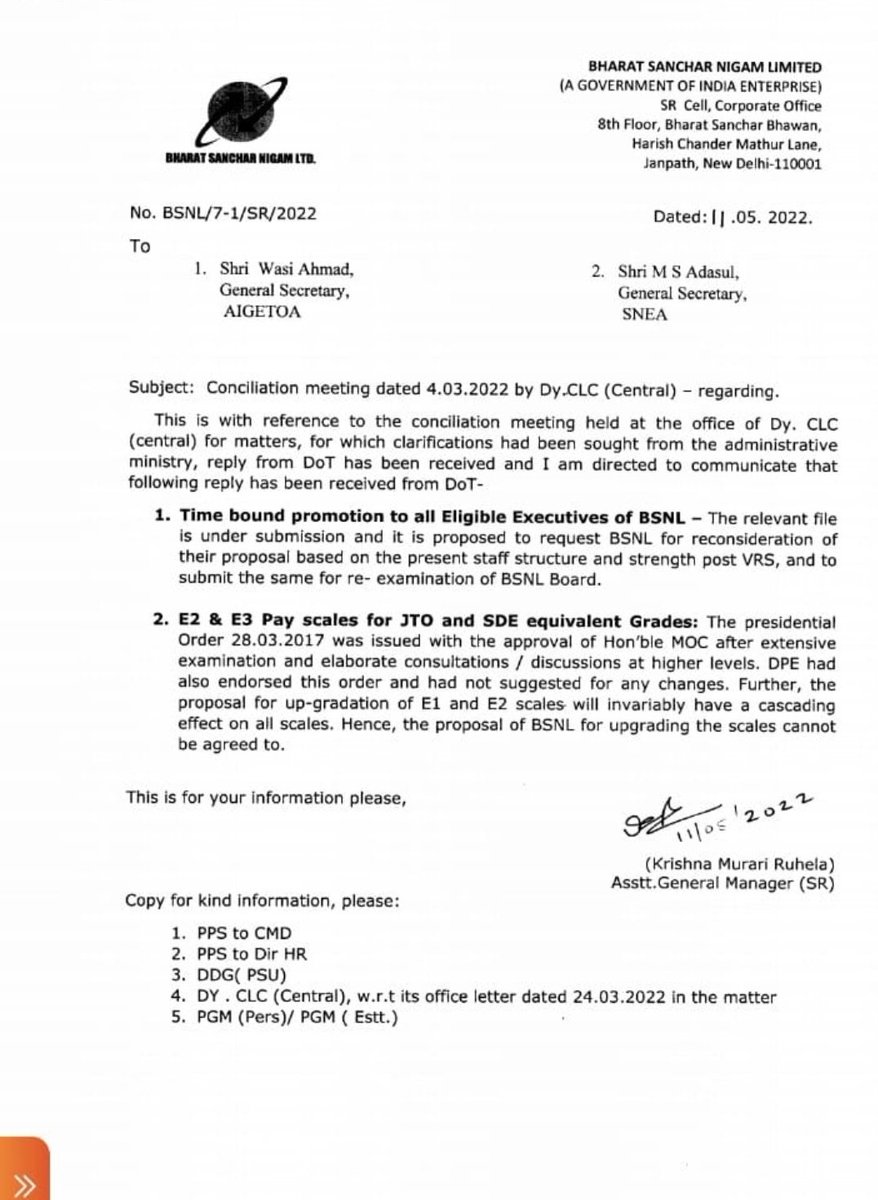 aiteea_India's tweet photo. @PMOIndia 
@narendramodi
@AshwiniVaishnaw Please intervene to settle this long pending issue as all other CPSUs except BSNL have already settled it, as an example may be seen FCI Circular annexed herewith wherein E1A was replaced by E2 without any cascading of further Pay scales. https://t.co/W2hcceSXTf