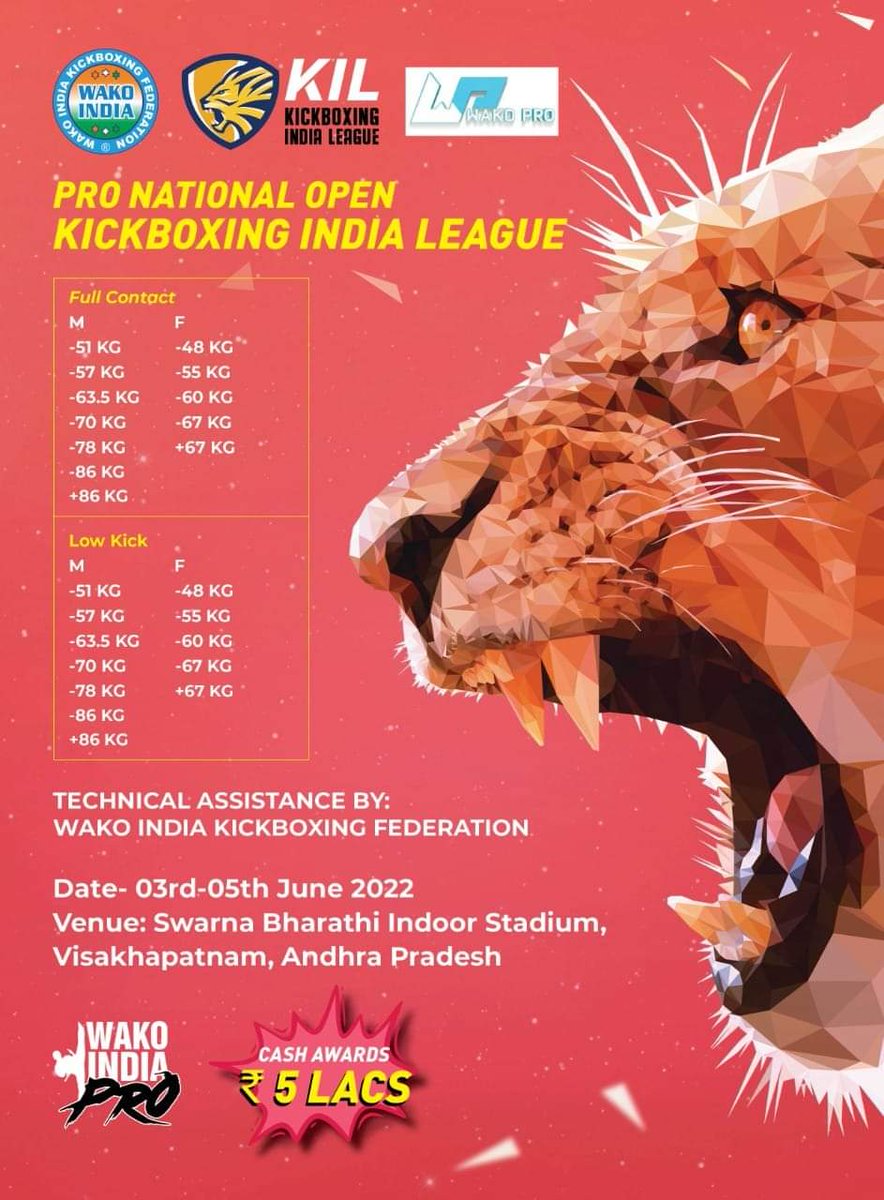 Get ready!

Pro National Open - Kickboxing India League to be held from 3 to 5 June 2022 at Vishakapatnam, AP.

<a href="/premierleague/">Premier League</a> 
<a href="/wakoindiainfo/">Kickboxing Bharat</a> <a href="/sensei4565/">Santosh Kumar Agrawal</a>
<a href="/KICKBOXINGINDIA/">KICKBOXING INDIA</a>
<a href="/kickboxing_wako/">WAKO.kickboxing</a>
<a href="/IndiaSports/">Dept of Sports MYAS</a> 
<a href="/Media_SAI/">SAI Media</a> <a href="/WeAreTeamIndia/">Team India</a>
<a href="/kheloindia/">Khelo India</a>