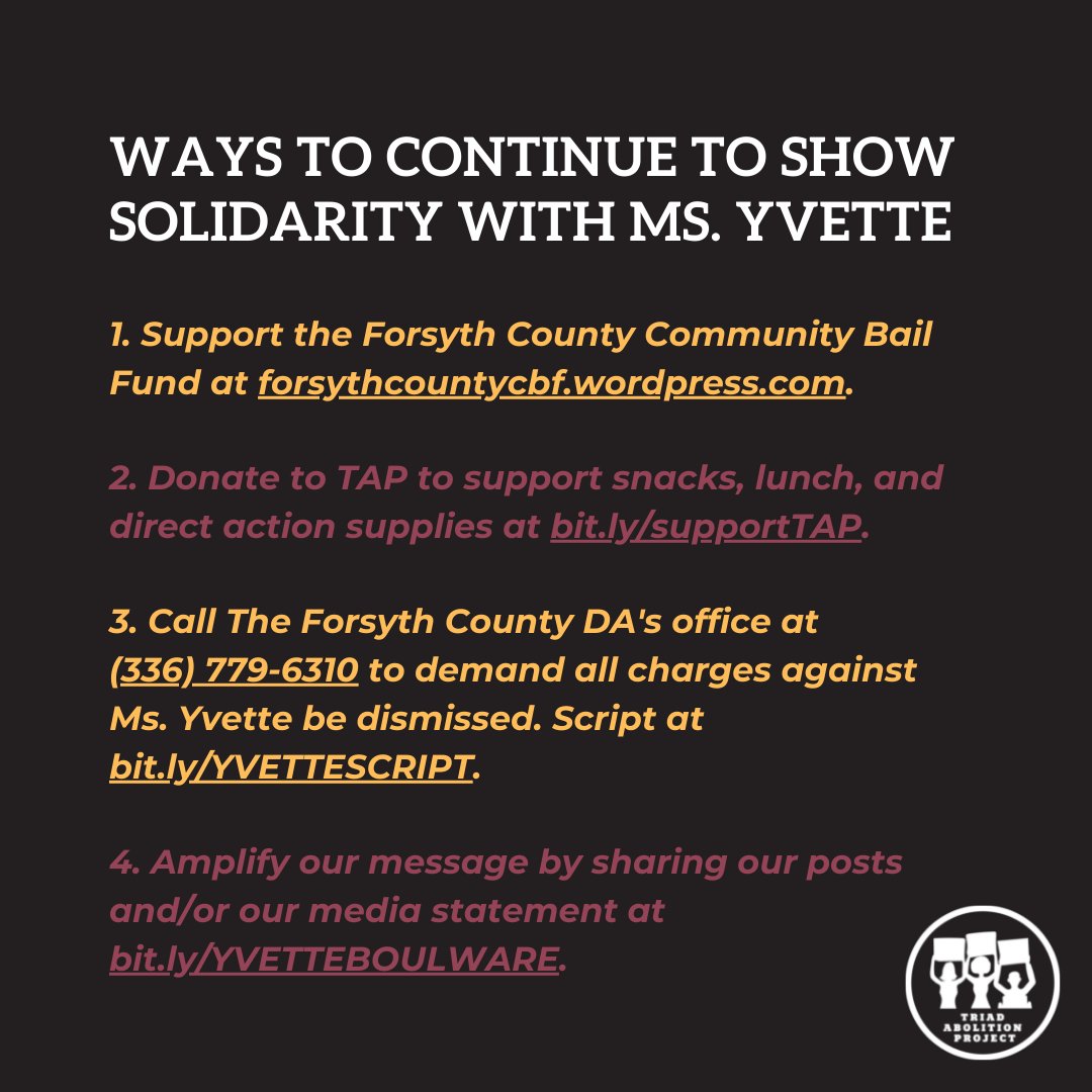 TriadAbolition's tweet photo. Ms. Yvette was released from the Forsyth County Detention center around 10 PM EST on May 18. Thank you to all who supported by showing up or donating to us or the Forsyth County Community Bail Fund! Please continue to show solidarity with Ms. Yvette as this case continues. https://t.co/xflKNxGgke