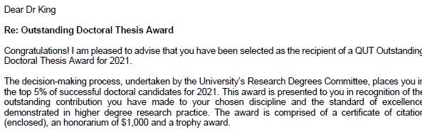 Dr. Michael King (@mickbking) on Twitter photo It is very pleasing to have all the hard work acknowledged by the Reviewers, the University Committee, and those within <a href="/CrimeJusticeQUT/">QUT Centre for Justice</a> It is very pleasing to have all the hard work acknowledged by the Reviewers, the University Committee, and those within <a href="/CrimeJusticeQUT/">QUT Centre for Justice</a>