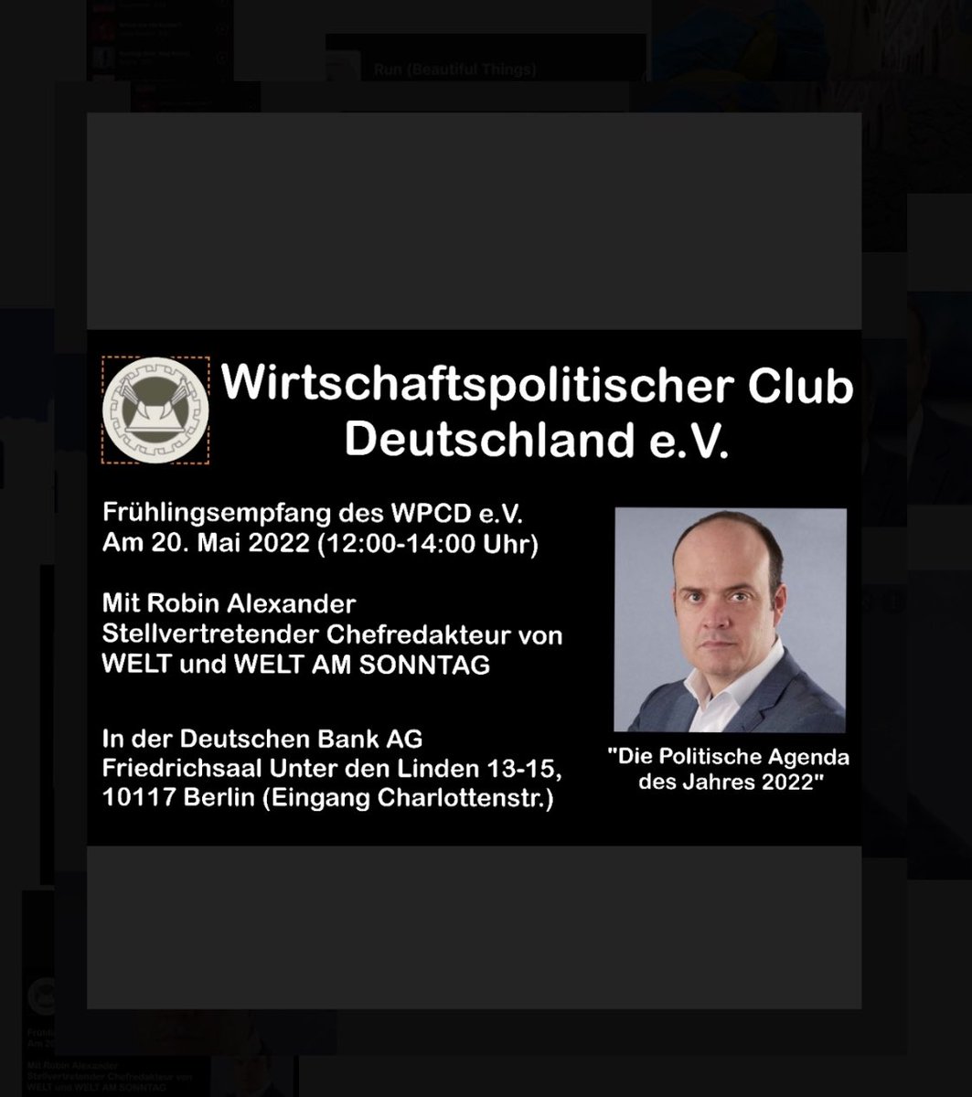 Endlich wieder Live-Netzwerken am 20.Mai 2022 (12:00 Uhr) zur #PolitischenAgenda2022 der Bundesregierung  @WPCDeV mit <a href="/robinalexander_/">Robin Alexander</a> im Friedrichsaal der <a href="/DeutscheBankAG/">Deutsche Bank Deutschland</a> Eingang Charlottenstraße, Berlin-Mitte