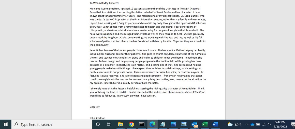 natecarlisle's tweet photo. NBA legend John Stockton has written a letter to a federal judge in support of #CapitolRiot defendant Janet Buhler. She's asking for no jail time for pleading guilty to a misdemeanor. Earlier: https://t.co/R8JRCcCsog https://t.co/nSeGXX2VyW