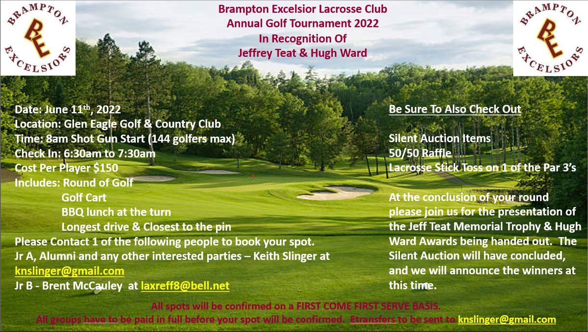 The deadline to register for the BELC's Jeff Teat/Hugh Ward Memorial Gold Tournament is fast approaching! See the details below and get your team in by May 26th!
