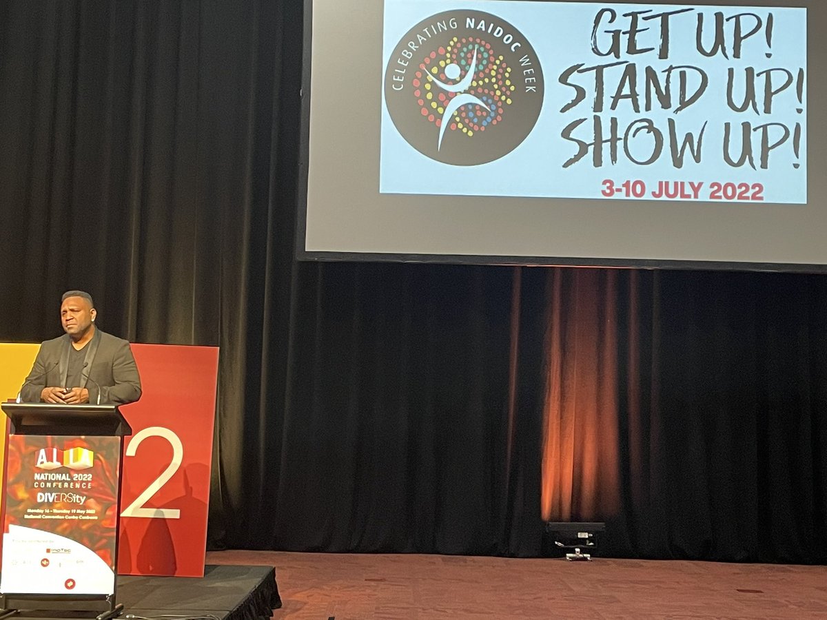 Keynote this morning. Thank you to Dion Devow from @DarkiesDesign for an eye opening session and beautiful to see how much he loves his mum. “Choose a career to help your people”. #national22