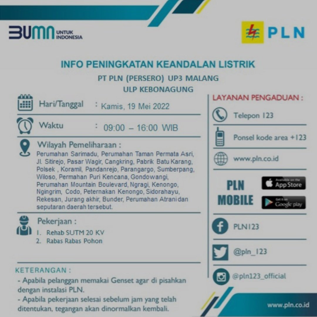 Info peningkatan keandalan listrik Kamis 19 mei 2022 ulp kebonagung <a href="/infomalang/">Info Malang</a> <a href="/RRIMalang/">RRI Malang I Kanal Informasi dan Inspirasi</a> <a href="/Senaputra_FM/">Senaputraᅠᅠᅠᅠᅠᅠᅠᅠᅠ</a> <a href="/cityguide911fm/">City Guide 911 FM</a> <a href="/kabmalanginfo/">KAB MALANG INFO</a> #Malang