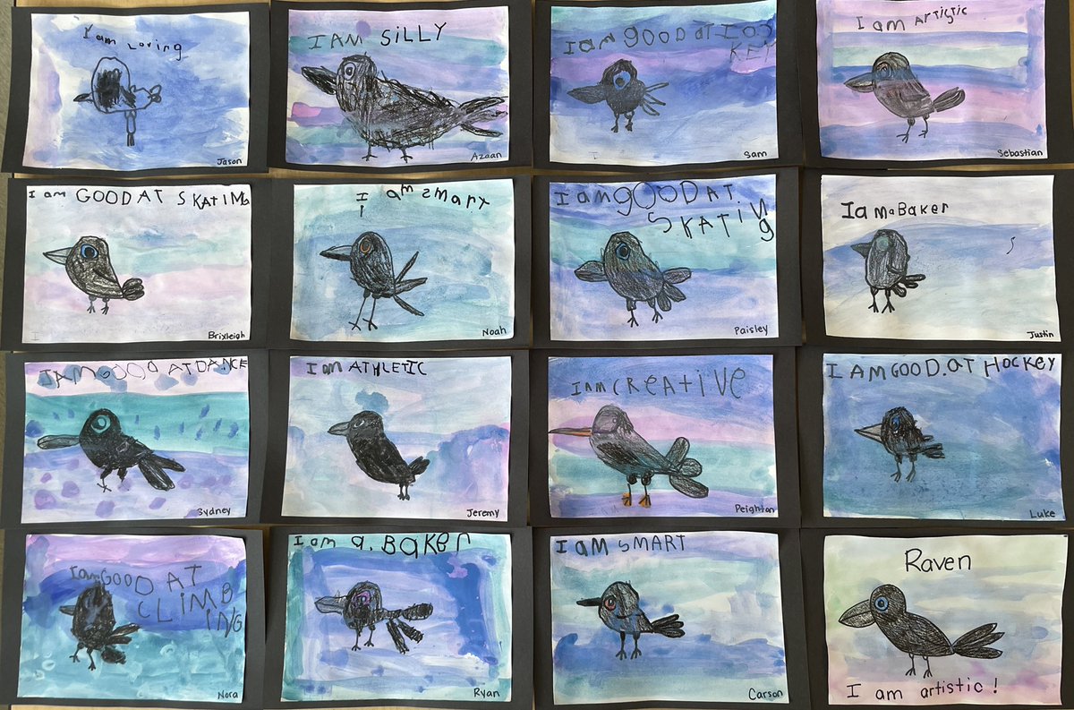 chanmsarah's tweet photo. “Gifts from Raven,” taught us that Raven has given a gift to each individual. In a sharing circle, we celebrated all the gifts and talents here in Kindergarten! These watercolour ravens show what makes us special! @Copperfield106 @copperfieldkin1 @WeAreCBE #IndigenousED #art https://t.co/1b8LZxXCbk