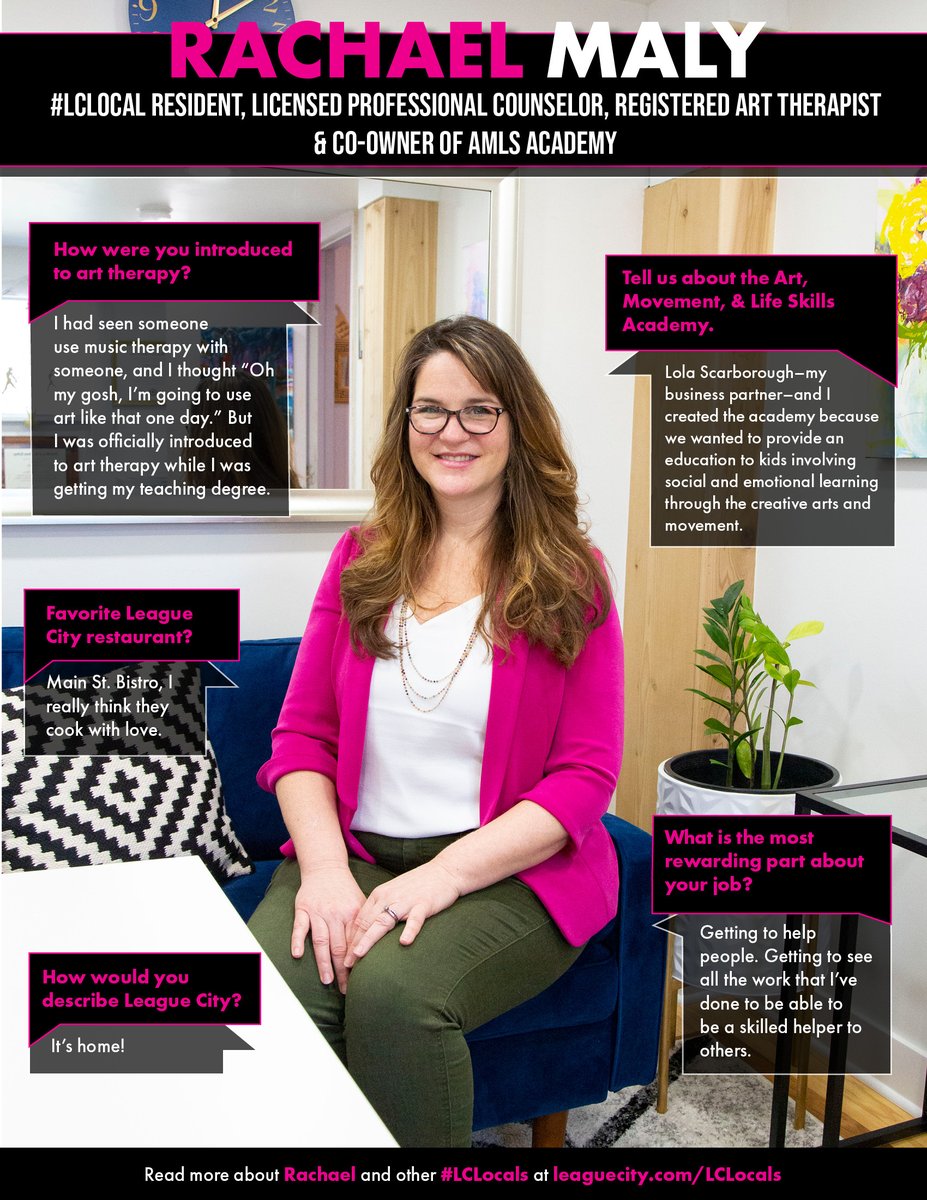 LeagueCityTX's tweet photo. Meet #LCLocal Rachael Maly! 🎨 She's passionate about art therapy, inspired by years of art influence and teaching in schools. She loves being able to help people through her practice and working with the AMLS Academy! 🧠
Learn more about Rachel at https://t.co/AMSvFEFLLU https://t.co/ykHwGkcKaH