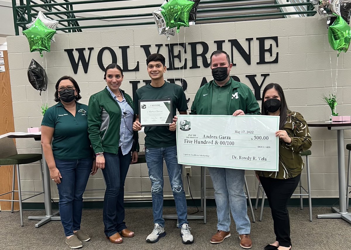 PSJAMemorial's tweet photo. Congratulations to Adriana Campano, Andres Garza, and Jacob Martinez!

The 3 seniors were presented with Wolverine Country’s very first Capstone Excellence Scholarships. 

They were each granted $500 in a surprise meeting with Principal @DrRowdyRVela and the Capstone Committee. https://t.co/Ilw1p9OBUB