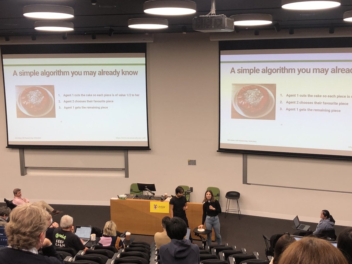 harisazizk's tweet photo. Sirin and @mashbat6 demonstrating cake cutting algorithms in real time at the @UNSWCOMPUTING research day. https://t.co/v31XmiVvZo