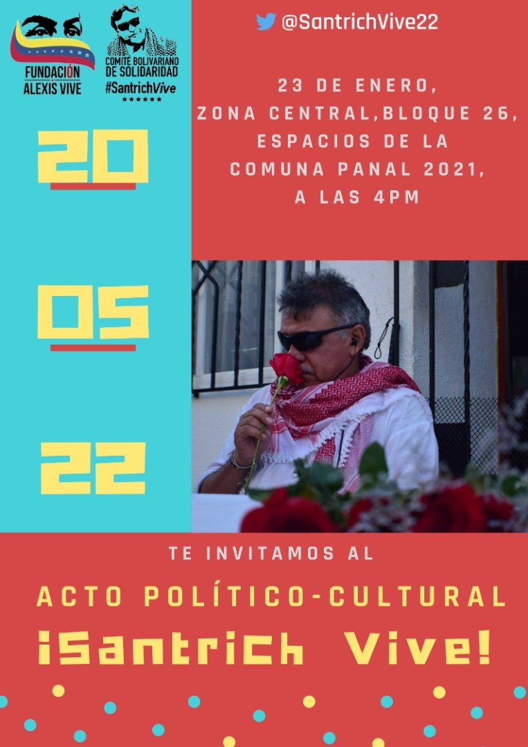 SantrichVive22's tweet photo. Les esperamos en este acto homenaje a Jesús Santrich! Atención la ubicación exacta es cancha de Comuna Panal 2021 "Gilberto Riera". Contaremos con palabras, música, poesía y mucho más! Entre los invitados @AlSondel23_ @PCV_Venezuela @Jotaceve1947 @Sal50090493Luis @ppt_uzcategui https://t.co/8wZtAWjUP2