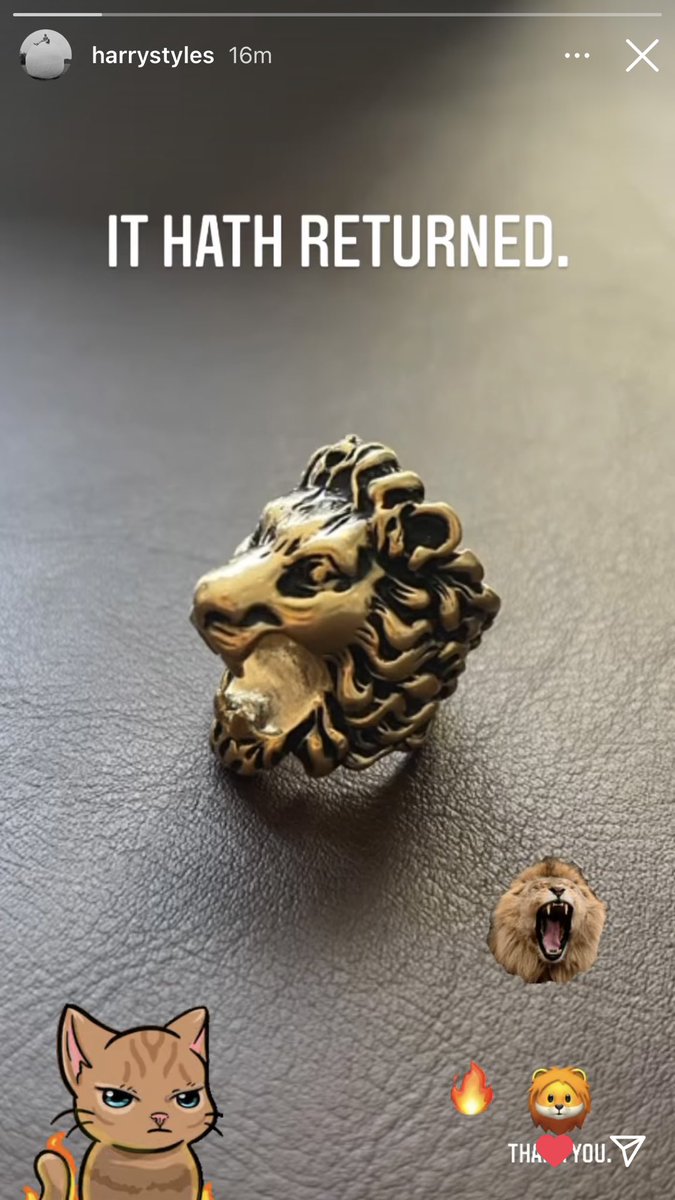 heresharrysring's tweet photo. YAY! @Harry_Styles you’re very welcome.😊 we’re so happy we were able to get you your ring back, and love that we can give you back just a little bit of the immense happiness you have given us! and to @HSHQ thank you for being so nice! 🦁🔥 https://t.co/0sQz2Dy2DG