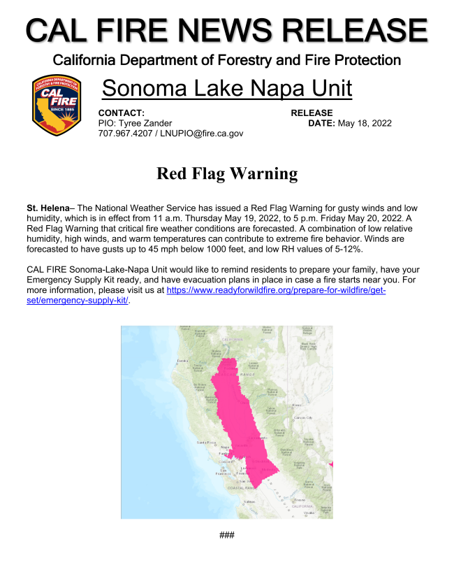 Red Flag Warning in effect May 19-20 conta.cc/39vKB86