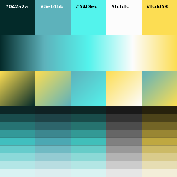 palett_es's tweet photo. #042a2a #5eb1bb #54f3ec #fcfcfc #fcdd53 #generative #design #colors #colorScheme #palette Download it from: https://t.co/NpY9Zduw4x https://t.co/AVkVB6HGQr