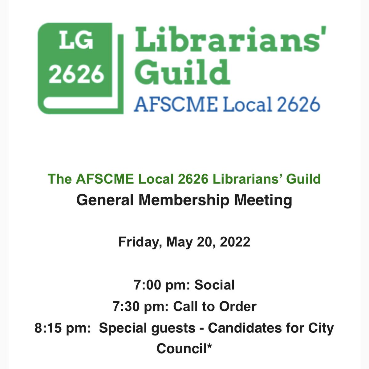 Librarians2626's tweet photo. Join us this Friday on May 20, 2022 at 8:15pm to hear from two of the City Council candidates on your June 7th ballot:

*Greg Good for Council District 11 @Good4CD11, https://t.co/Thg0PdFDk3 

and 

*Hugo Soto-Martinez for Council District 13 @HugoForCD13, https://t.co/6V7qoHac6r https://t.co/8GpNL2wssf