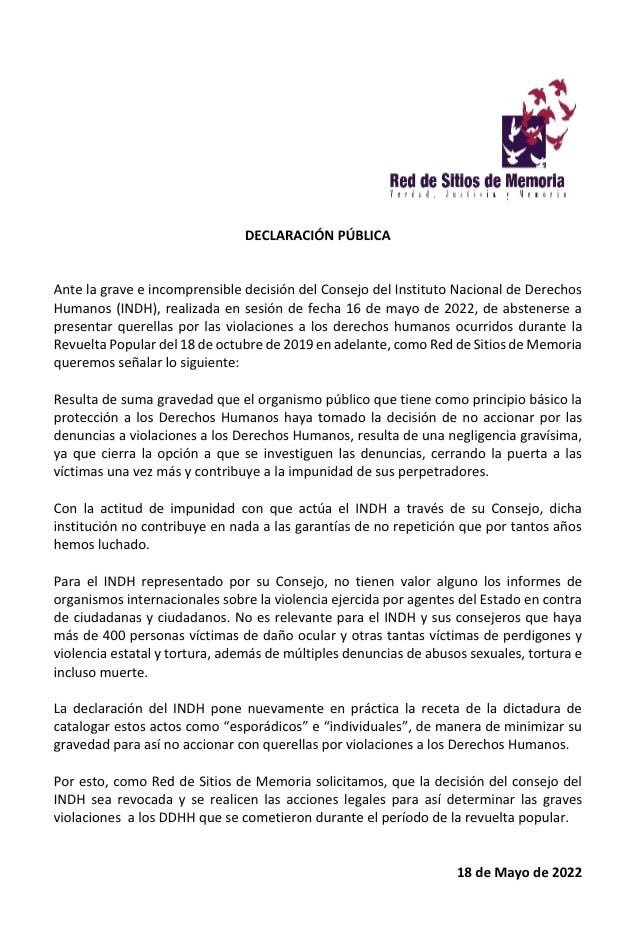 📣 Declaración pública de la <a href="/RSMemoria_cl/">Red de Sitios de Memoria</a> ante la grave decisión del <a href="/inddhh/">INDH Chile</a> de no querellarse por violaciones a los derechos humanos desde la revuelta popular del 18 de octubre del 2019 en adelante.

A revocar la impunidad!