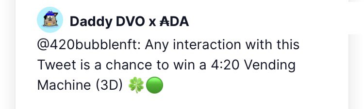 420bubblenft's tweet photo. 🟢 WINNERS 🟢

We have decided that there will be 2 winners of the 4:20 Vending Machine.

1️⃣ @DVOofficial
2️⃣ @SPr13st

Please send us a DM, thank you all for participating, we love the Cardano Community!👽💣

Soon: Giveaway 1000 followers.🎁

#CNFT #CNFTCommunity #Cardano #NFT https://t.co/cJrOCaQUuk