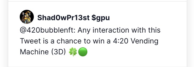 420bubblenft's tweet photo. 🟢 WINNERS 🟢

We have decided that there will be 2 winners of the 4:20 Vending Machine.

1️⃣ @DVOofficial
2️⃣ @SPr13st

Please send us a DM, thank you all for participating, we love the Cardano Community!👽💣

Soon: Giveaway 1000 followers.🎁

#CNFT #CNFTCommunity #Cardano #NFT https://t.co/cJrOCaQUuk
