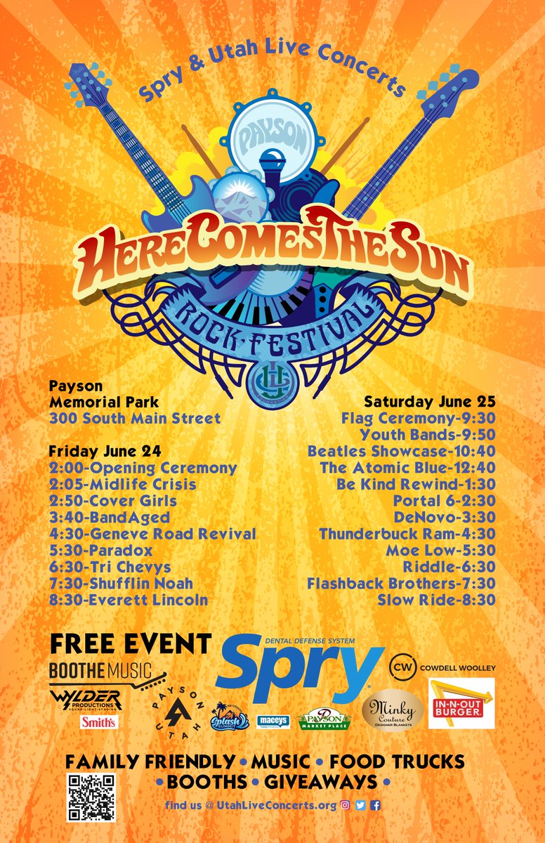utahlcf's tweet photo. The band line up for the 2022 Spry "Here Comes The Sun" rock festival in Payson is here! Remember to mark your calendars for June 24th and 25th!

You can download and print your own official poster by visiting our website at https://t.co/zWSdiCZHeK https://t.co/3QlQn4vKCo