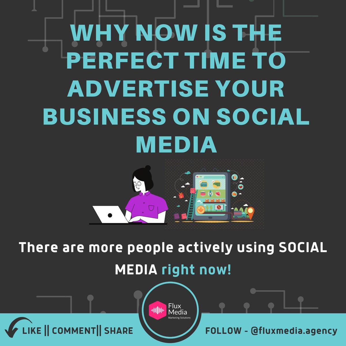 FluxMediaAgency's tweet photo. Getting your business in front of this wealth of new, potential clients will push your business ahead of your competitors now and more when everything returns back to normal. 

Follow us for more!✅

Flux Media Marketing Agency | https://t.co/6zjULNREqo 🚀

#DigitalMarketing https://t.co/NhPqs8Z9Mj