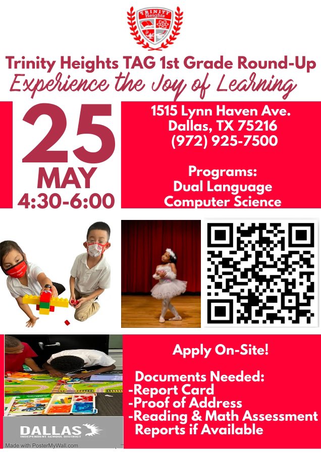 THeightsTAG's tweet photo. Join Trinity Heights Talented and Gifted for our First Grade Round Up Event! Meet our team and experience our campus. Hope to see you!
@MarMasters7 
@RyanZysk 
@DISDMagnets 
@TransformDISD 
@PersonalizeDISD 
@FaluvTunley 
@sura_perez 
@CoxumCounselor https://t.co/qEjv2FoRsH