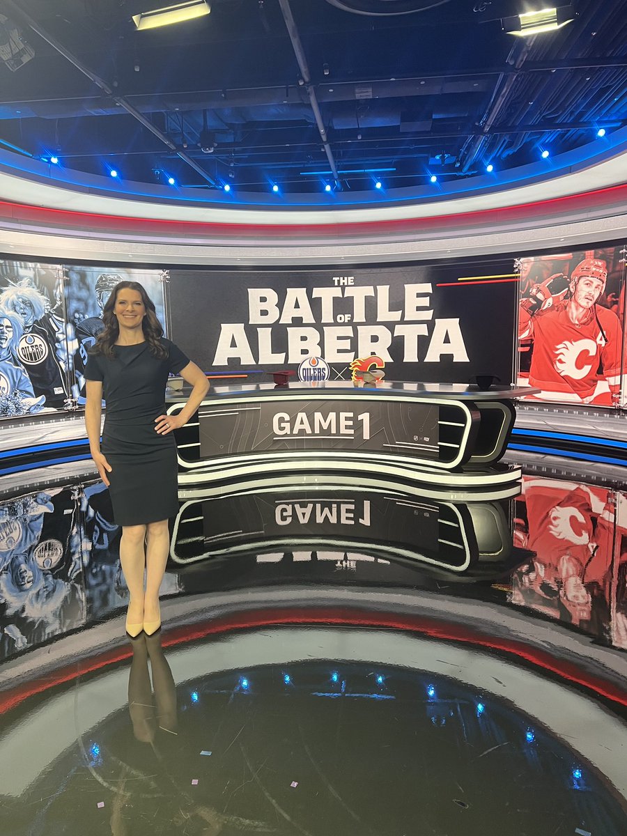 JenBotterill's tweet photo. Battle of Alberta starts tonight!!

#Flames #LetsGoOilers

Studio show with this team - @friedgehnic, @ronmacleanhth, @kevin_bieksa3

@DavidAmber and @kelly_hrudey are on site for the series!

@nhl @sportsnet #StanleyCup #StanleyCupPlayoffs https://t.co/guSownxLFL