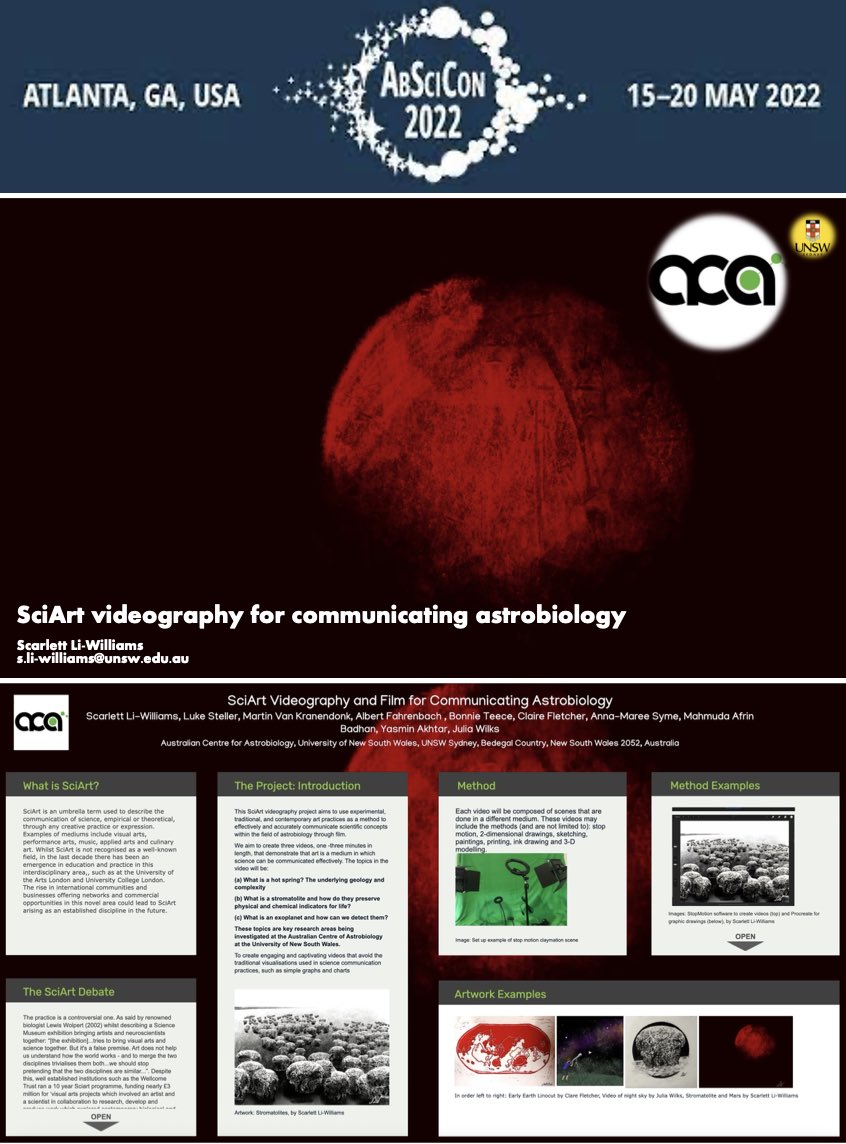 Scarlett Li-Williams (@scarlettliw) on Twitter photo Had an amazing time presenting and discussing the current astrobiology and art project I am doing at AbSciCon 2022! Many thanks to the organisers, chairs and speakers, and to <a href="/AussieAstrobio/">Australian Centre for Astrobiology</a> for making it possible!
#art #abscicon2022 #science #astrobiology #sciart #scicomm Had an amazing time presenting and discussing the current astrobiology and art project I am doing at AbSciCon 2022! Many thanks to the organisers, chairs and speakers, and to <a href="/AussieAstrobio/">Australian Centre for Astrobiology</a> for making it possible!
#art #abscicon2022 #science #astrobiology #sciart #scicomm