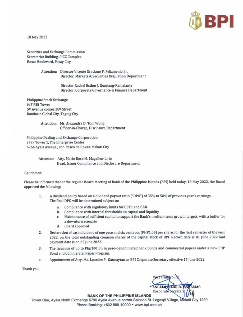 Dividend Alert! Bank of the Philippine Islands ( $BPI ) declares cash divided of Php1.06 per share for the first semester of 2022. #phstockmarketnews #stockmarket #stockmarketupdate