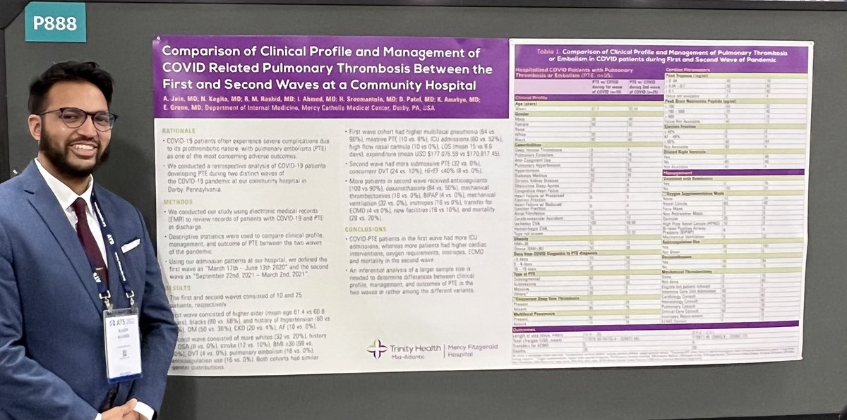Fortunate to present an analysis of clinical profiles of patients admitted with COVID-PEs during two distinct waves of the #COVID19 pandemic at <a href="/MercyCathMedCtr/">Mercy Fitzgerald Hospital</a> with the world at #ATS2022. Couldn’t have done it without the help of <a href="/AkhilJainMD/">Akhil Jain</a> @iaahmedMD, Dr. Green. #ATS2022