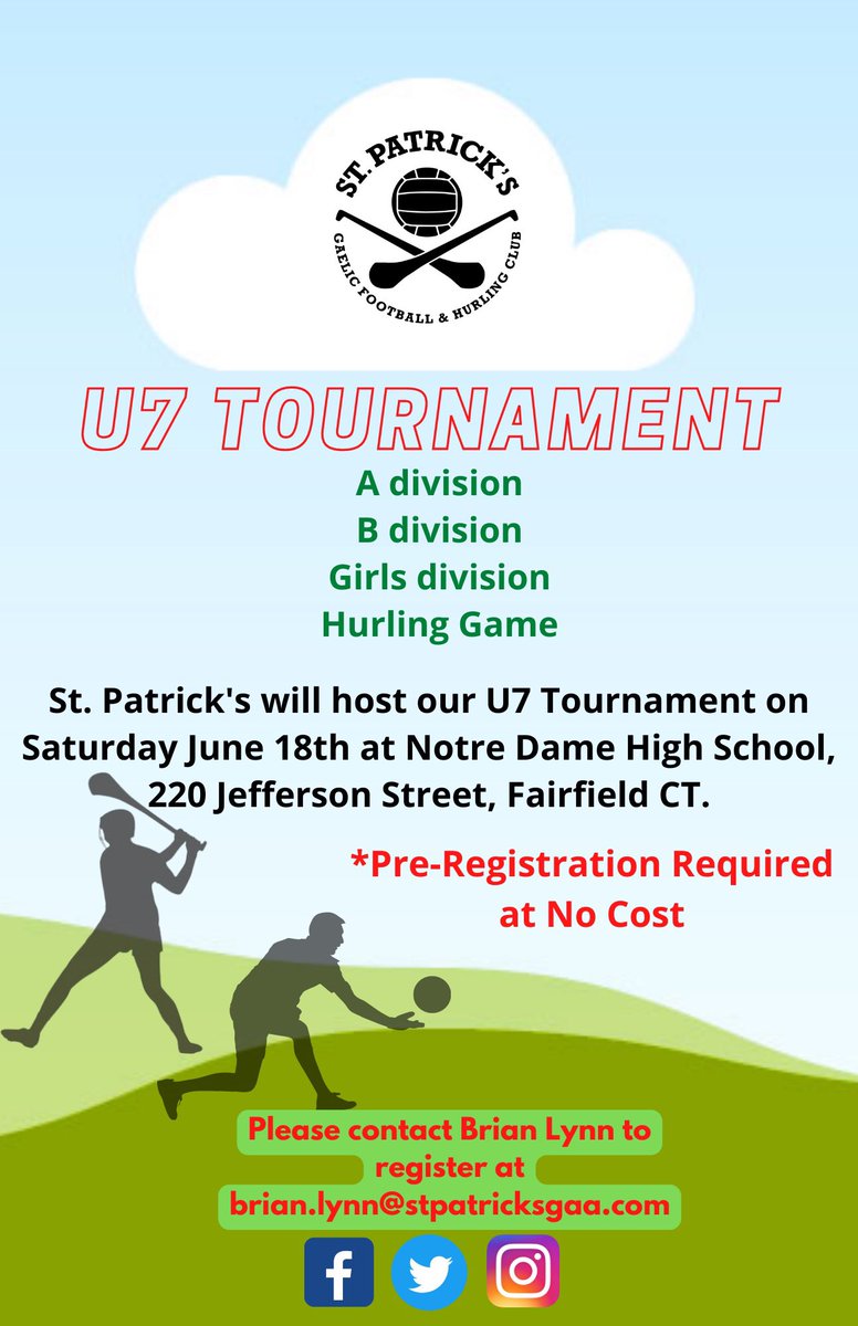 Save the date! St. Patrick’s annual U7 Tournament will be held on June 18th.  Details to follow.  Please share for anyone missed @NewYorkGAA <a href="/RocklandGAA/">Rockland GAA</a> <a href="/Stbarnabasgaa/">St Barnabas gaa</a> <a href="/ShannonGaelsNYC/">Shannon Gaels GAA</a> <a href="/sperrinogs/">Sperrin Ógs</a> <a href="/DelcoGaelsSquad/">Delco Gaels</a>