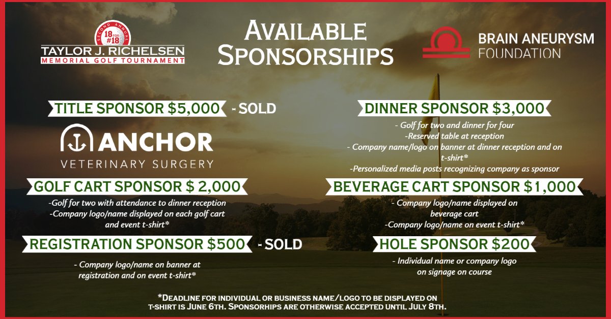 18for18taylor's tweet photo. Some sponsorship deadlines are approaching soon. Don't delay!
For more info or to contact us visit: https://t.co/mvNiD1WXPO 
@BAFOUND @GolfChannel @TaylorMadeGolf 
#fundraiser #18for18taylor #stopthepop #1in50 https://t.co/8uZT4603mv