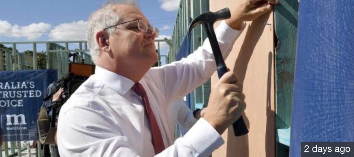 MichaelaNewell_'s tweet photo. A few days ago the tool on the left stood on a Metricon building site to rob people blind of their super and land them into serious debt. Now Metricon aren’t travelling too well either. What’s the opposite of the #MidasTouch? #VoteMorrisonOut https://t.co/ksIUhr1dMs