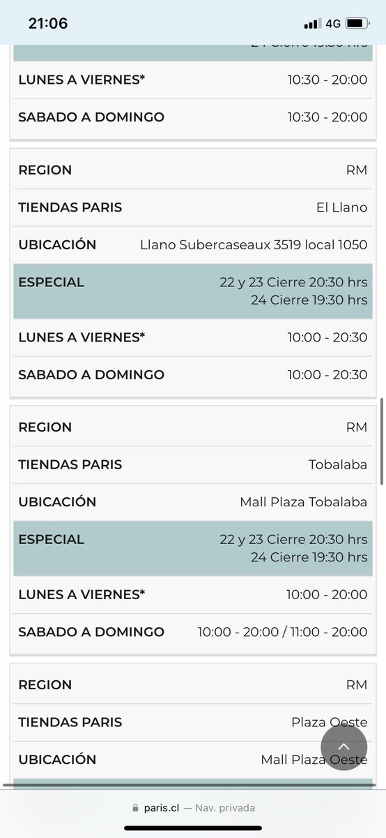 cyes25's tweet photo. @tiendas_paris  quise realizar mi retiro en tienda y al llegar hoy siendo las 20:02 hrs no me dejaron entrar y al revisar en la app y página de Uds. dice que Portal el Llano @tiendas_paris cierra a las 20:30 hrs
Cierran antes de tiempo. Pésimo servicio 
#informacionfalsa https://t.co/elxazYFgrz