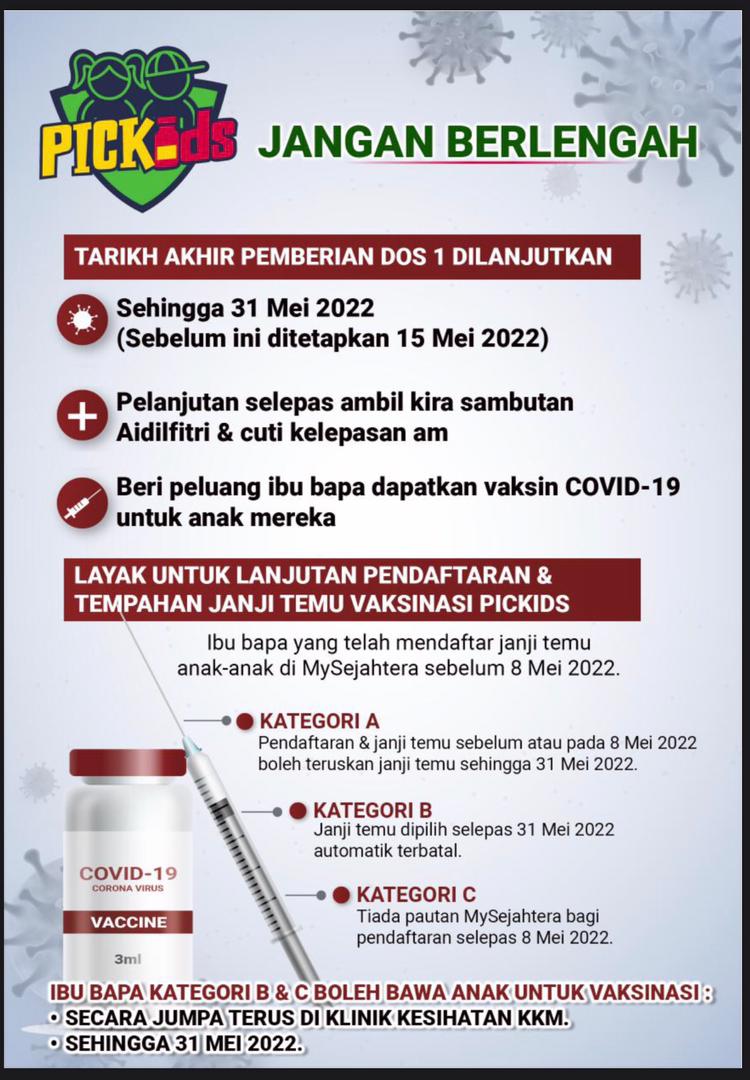 Hanya tinggal beberapa hari lagi sehingga 31 Mei 2022 bagi kanak-kanak di seluruh negara di Malaysia untuk mendapatkan suntikan dos pertama vaksin COVID-19. 

Ayuh, jangan berlengah lagi!

Klik pautan di bawah untuk maklumat lanjut.

dbook.penerangan.gov.my/dbook/?product…

#JabatanPenerangan