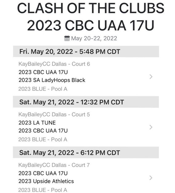 Got the schedule for Clash Of The Clubs in Dallas Texas! Can’t wait to get on the court with my teammates this weekend!!❤️